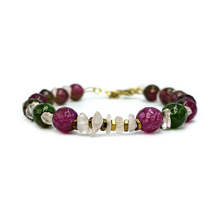 Χειροποίητο βραχιόλι Πολύχρωμος Αχάτης – Ροζ χαλαζίας – Αιματίτης