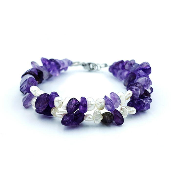 Χειροποίητο βραχιόλι Αμέθυστος – Μαργαριτάρι (fresh water) (διπλό)