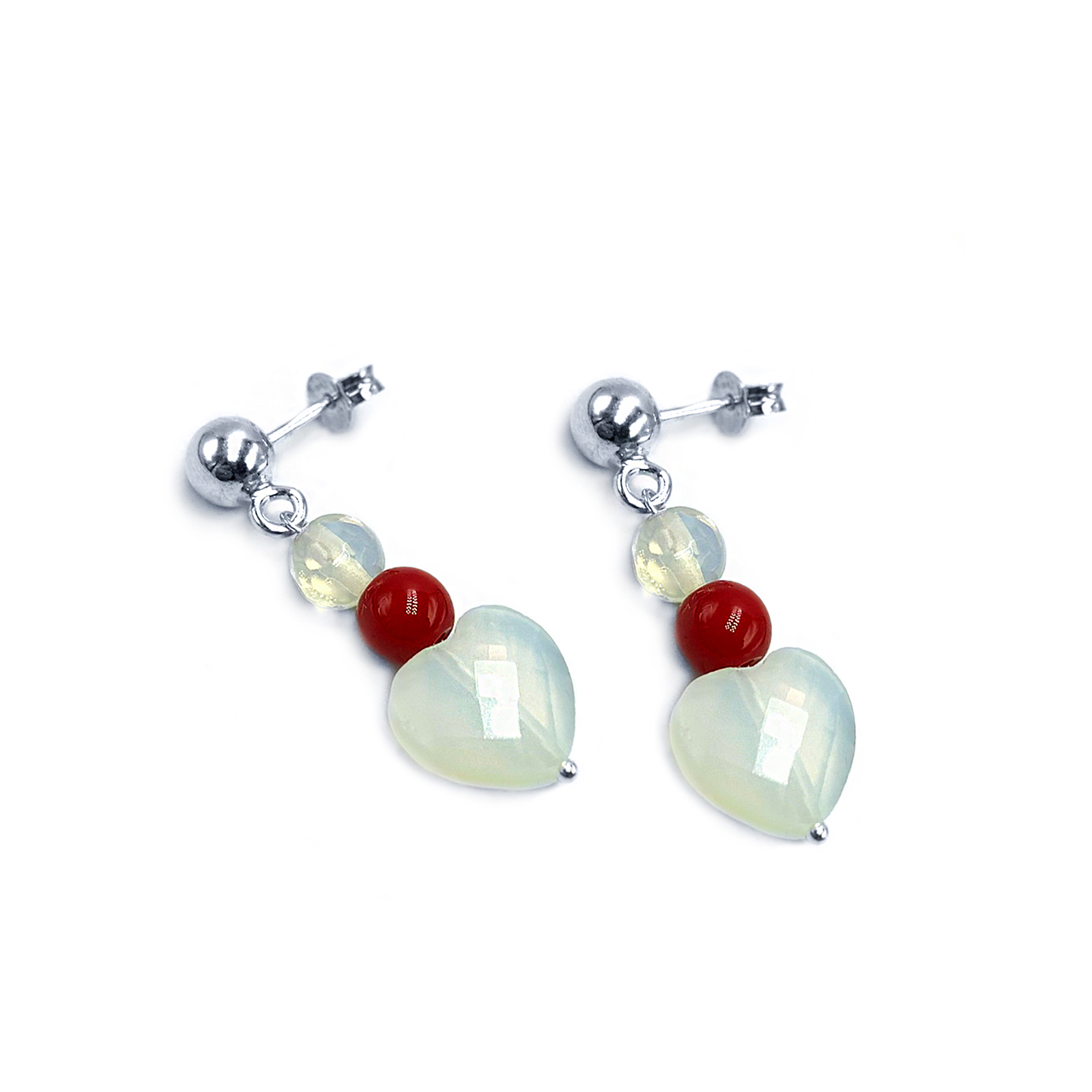 Χειροποίητα ασημένια σκουλαρίκια με Φεγγαρόπετρα (Moonstone) και Κοράλλι (Coral) - Image 2