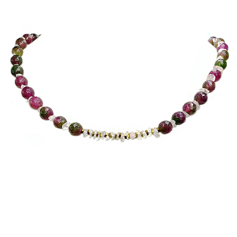 Χειροποίητο κολιέ Πολύχρωμος Αχάτης - Ροζ χαλαζίας - Αιματίτης