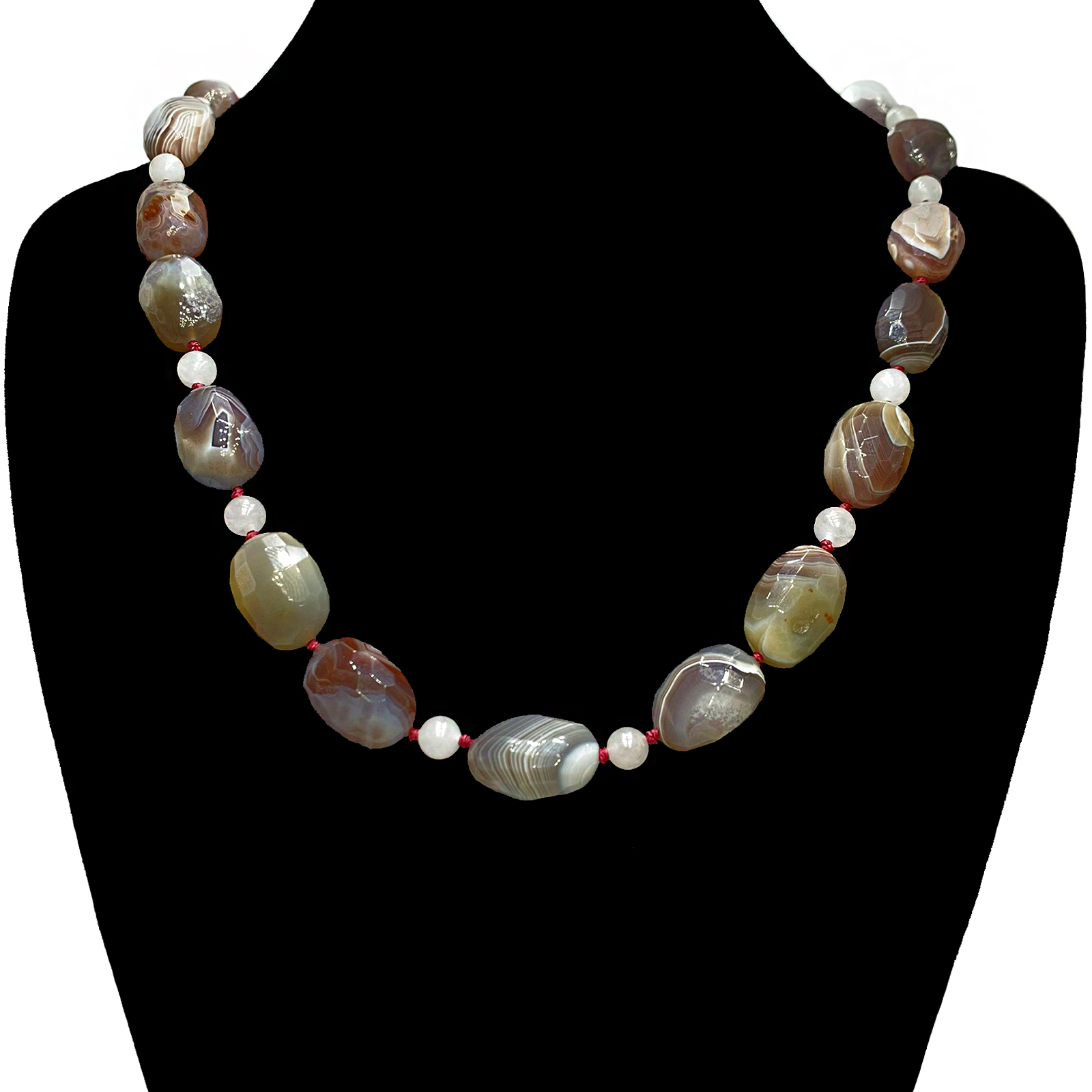 Χειροποίητο κολιέ Ριγέ Αχάτης και Λευκός Χαλαζίας