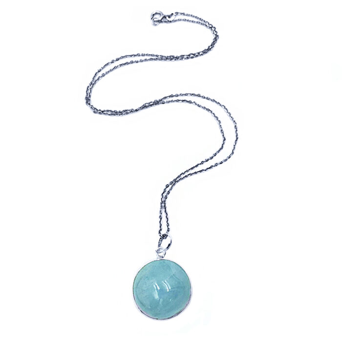 Χειροποίητο Μενταγιόν με Ακουαμαρίνα (Aquamarine) στρογγυλό καπουσόν 2,4 cm από ασήμι 925°