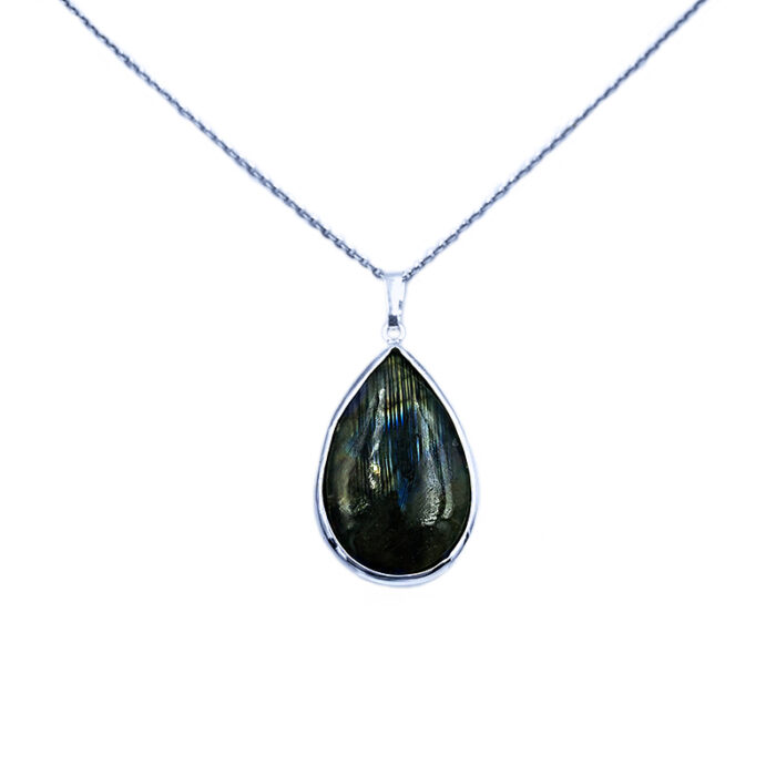 Χειροποίητο μενταγιόν δάκρυ Λαμπραδορίτης (2,8 Χ 2cm) από ασήμι 925° – Ο λίθος της πνευματικότητας