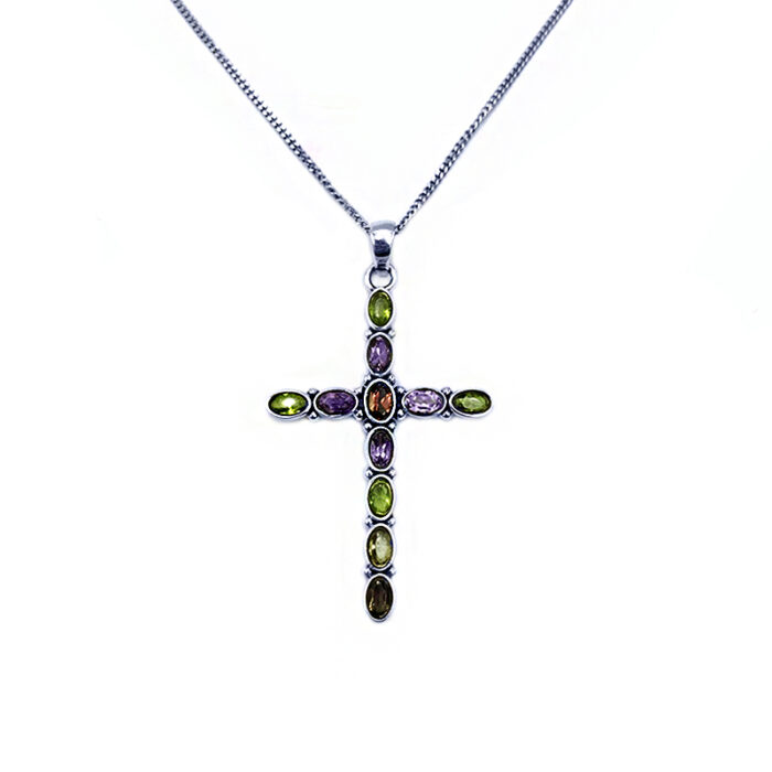 Χειροποίητος Ασημένιος Σταυρός (Περίδοτο - Αμέθυστος - Γρανάτης - Καπνίας)