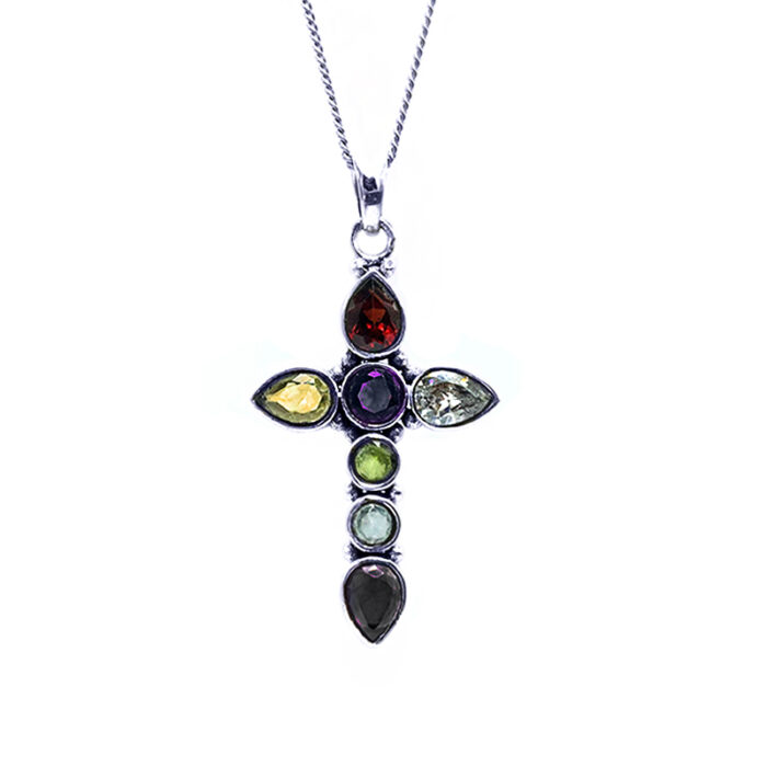 Χειροποίητος Ασημένιος Σταυρός (Περίδοτο – Αμέθυστος – Γρανάτης – Κιτρίνης - Λευκός Χαλαζίας)