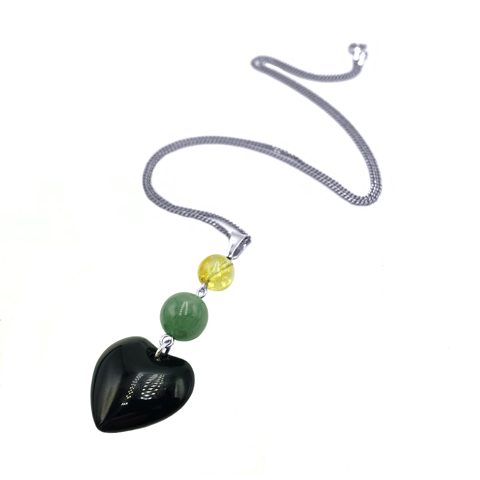 Χειροποίητο Ασημένιο μενταγιόν Κιτρίνης - Πράσινη Αβεντουρίνη - Μαύρος Όνυχας (καρδιά) - Image 2
