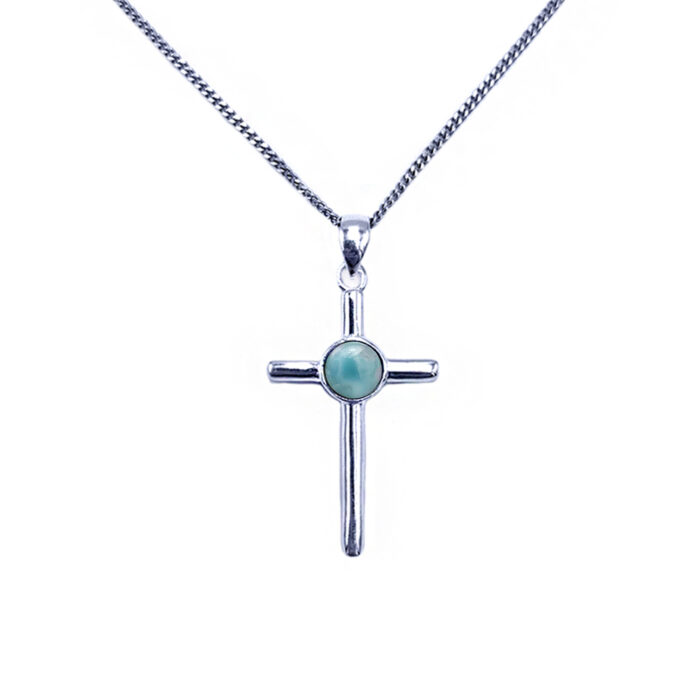 Χειροποίητος ασημένιος σταυρός Λάριμαρ (Larimar) οβάλ – Ο λίθος αναζωογόνησης και της ανανέωσης