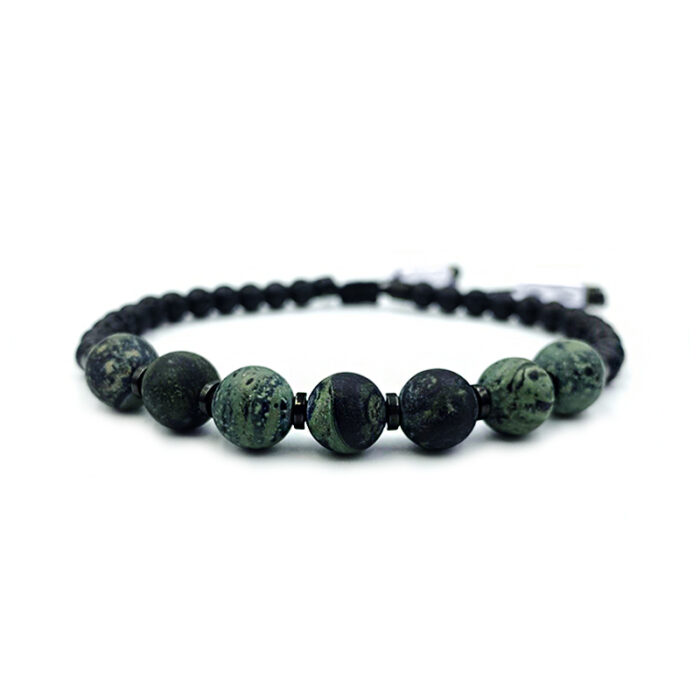 Χειροποίητο ανδρικό βραχιόλι macrame Πράσινος Ίασπις , Λάβα και Αιματίτης