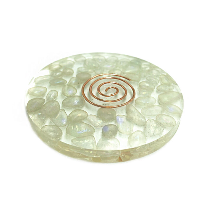 Χειροποίητο σουβέρ (sous-verre) Φεγγαρόπετρα (Moonstone) με σπείρα χαλκού