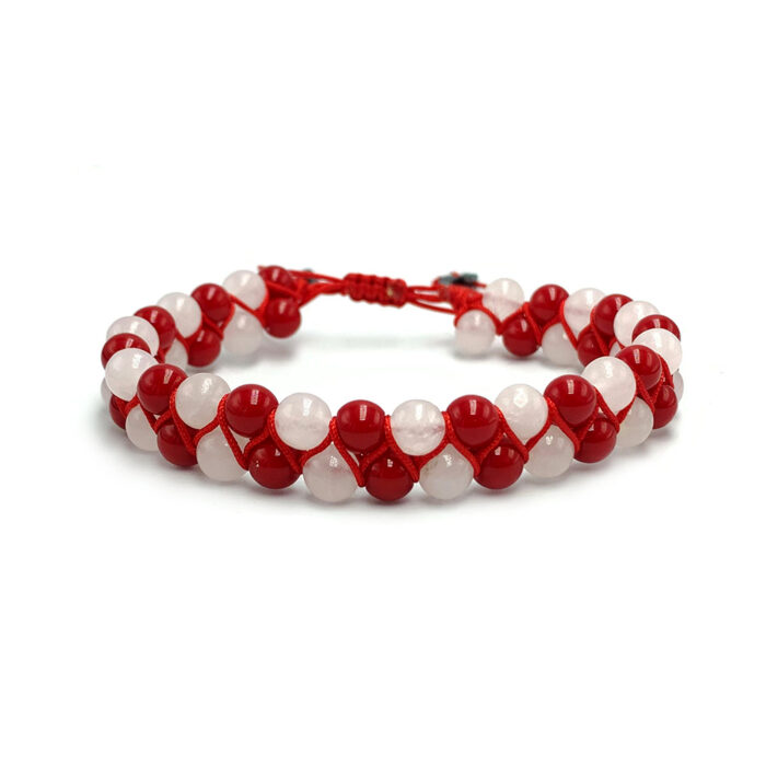 Χειροποίητο Βραχιόλι Macrame - 4 συνδυασμοί ενεργειακών λίθων - Κοράλλι & Λευκός Χαλαζίας